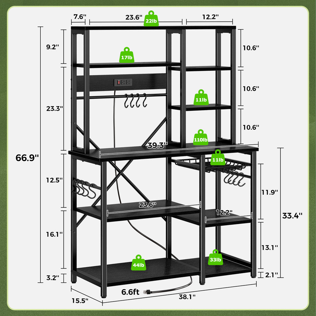 Amadwell 39.4" Large Bakers Rack, 6-Tier Microwave Stand with Power Outlets, Kitchen Shelf with Wire Basket, Black