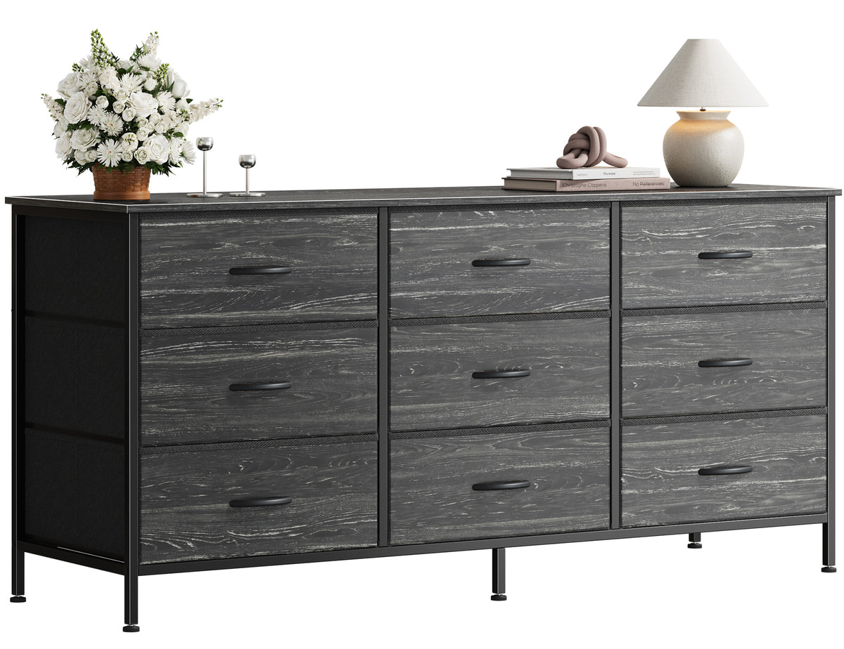 9 Drawer Bedroom Dresser with Storage, 47 Inch TV Stand for 50, 55 Inch TV, Fabric Chest for Closet, Charcoal Black Wood Grain Print