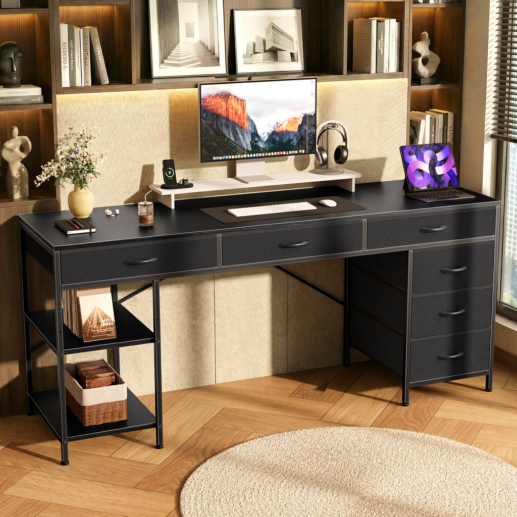 Amadwell 54" Desk with Drawers & Storage, Office Desk with Reversible Shelves, Gaming Computer Desk, Black