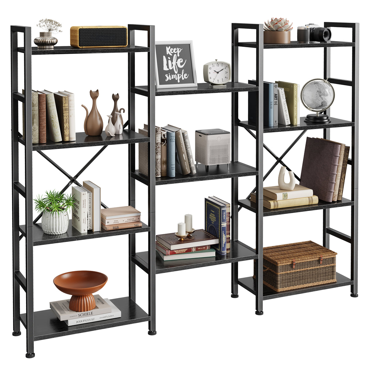 Amadwell 4 Tier Industrial Bookcase, Large Shelf Bookshelf, 11 Units Storage for Living Room, Black