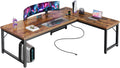 Amadwell 63 Inch Reversible L Shaped Desk with 0.95 Inch Thicker Desktop,Power Outlets Computer Desk,Corner Gaming Desk for Home Office, Metal Frame, Rustic Brown