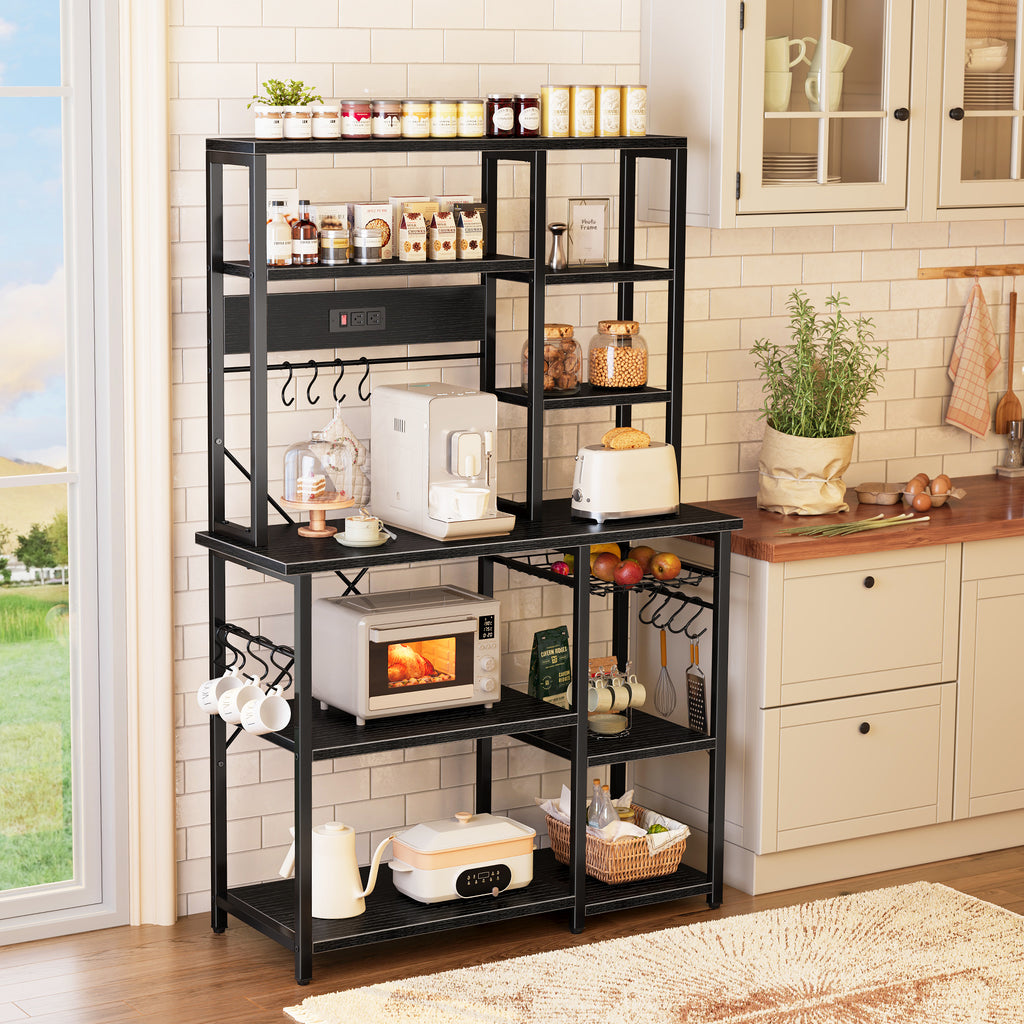 Amadwell 39.4" Large Bakers Rack, 6-Tier Microwave Stand with Power Outlets, Kitchen Shelf with Wire Basket, Black