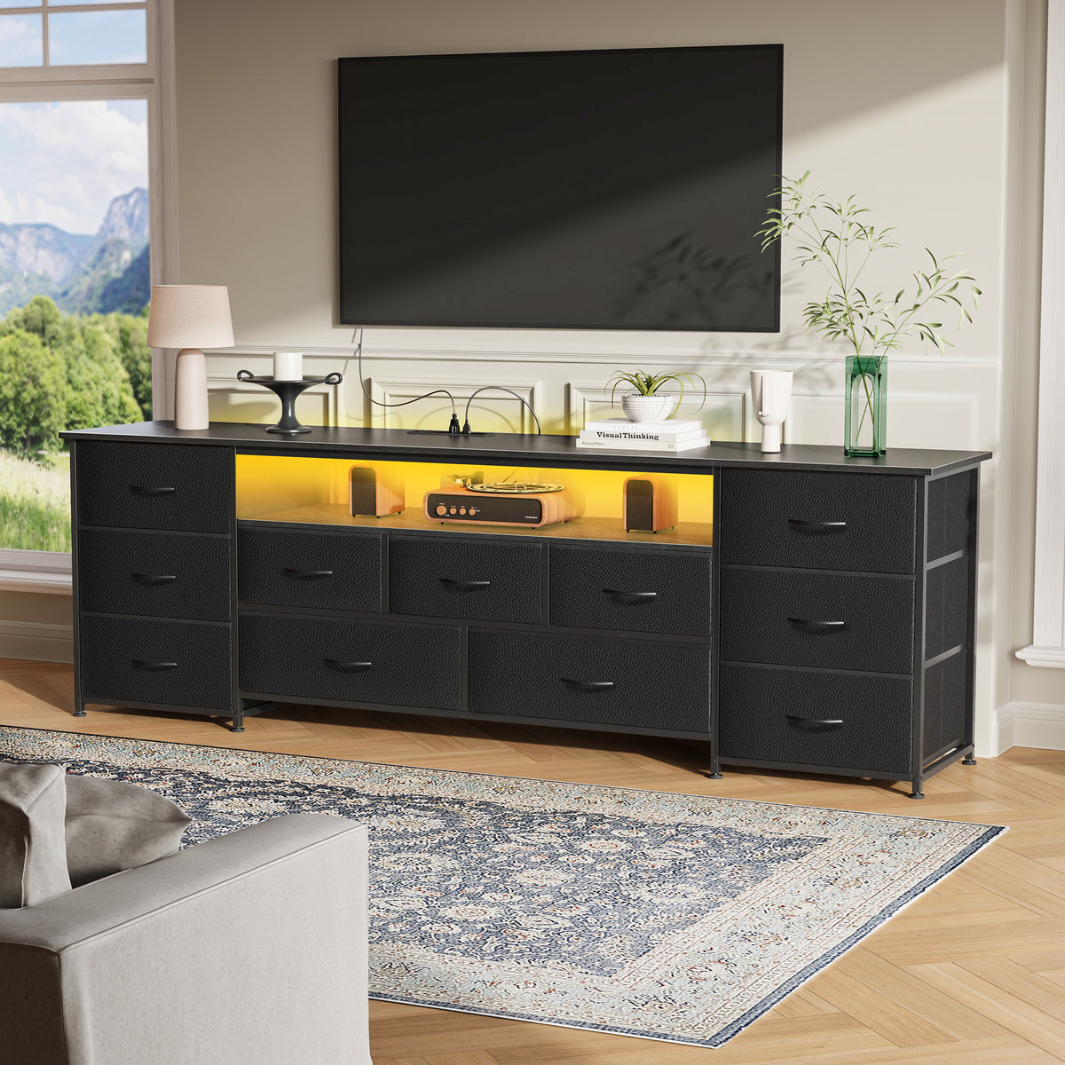 Amadwell Large TV Stand for 65, 70 Inch TVs, 11 Drawers with Power Outlets & LED Lights, 63 inch Entertainment Center, Black