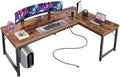 Amadwell 55 Inch Reversible L Shaped Desk with 0.95 Inch Thicker Desktop,Power Outlets Computer Desk,Corner Gaming Desk for Home Office, Metal Frame, Rustic Brown