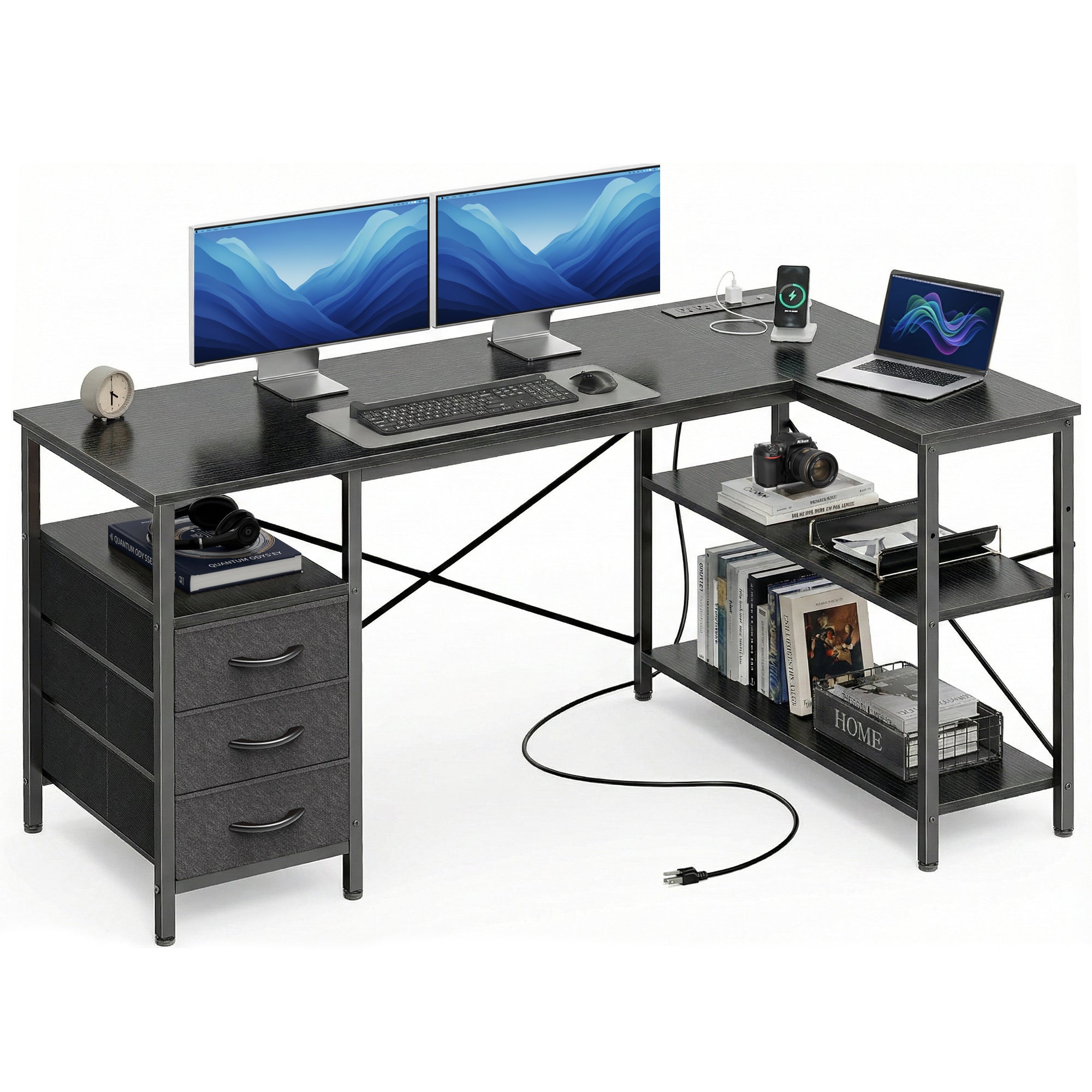 47 Inch L Shaped Office Desk with Power Outlets, Computer Desk with Drawers, Corner Desk for Home Office, Black
