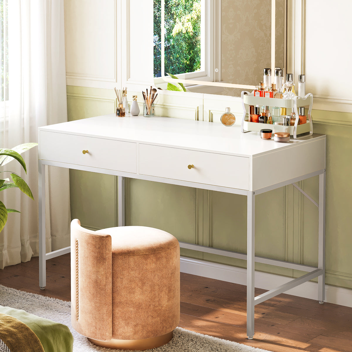 Amadwell 39 Inch White Vanity Desk with 2 Drawers, Small Makeup Vanity Computer Desk for Bedroom, White