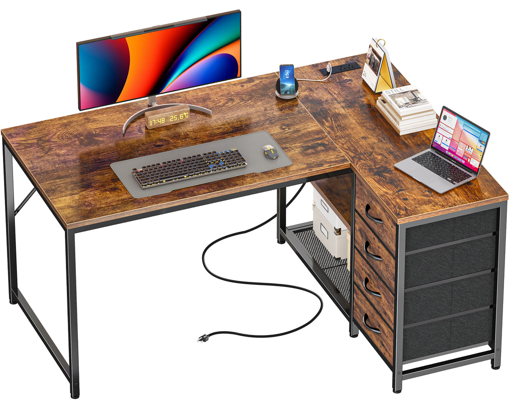 Amadwell 43 Inch L Shaped Desk with Power Outlets & Drawers, Reversible L-Shape Computer Desk, Brown