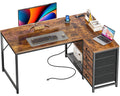 Amadwell 43 Inch L Shaped Desk with Power Outlets & Drawers, Reversible L-Shape Computer Desk, Brown