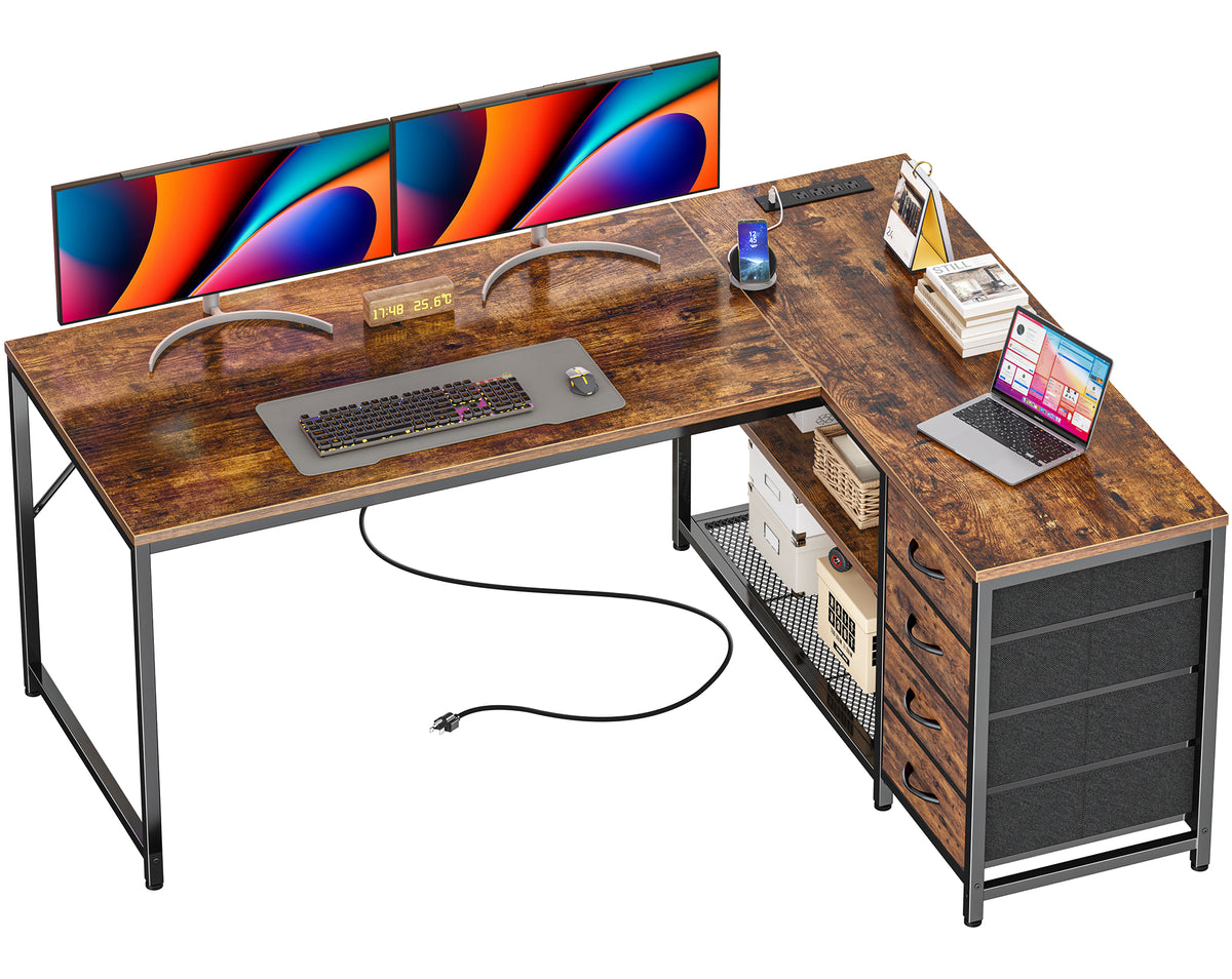 Amadwell 53 Inch L Shaped Desk with Power Outlets & Drawers, Reversible L-Shape Computer Desk, Brown