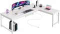 Amadwell 63 Inch Reversible L Shaped Desk with 0.95 Inch Thicker Desktop,Power Outlets Computer Desk,Corner Gaming Desk for Home Office, Metal Frame, White