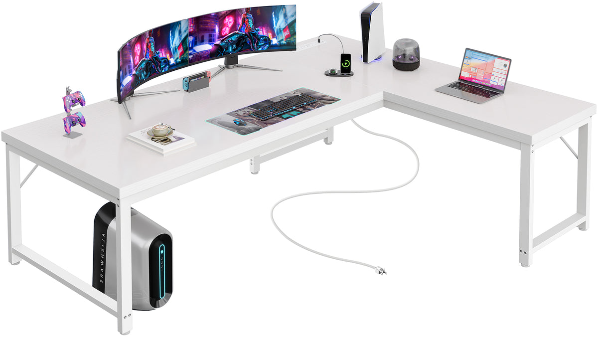 Amadwell 63 Inch Reversible L Shaped Desk with 0.95 Inch Thicker Desktop,Power Outlets Computer Desk,Corner Gaming Desk for Home Office, Metal Frame, White