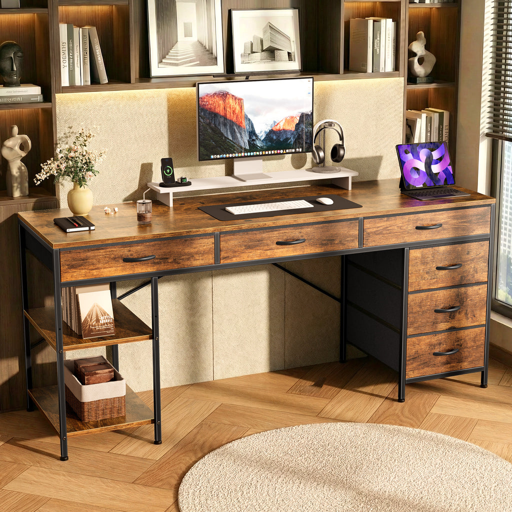 Amadwell 54" Desk with Drawers & Storage, Office Desk with Reversible Shelves, Gaming Computer Desk, Brown