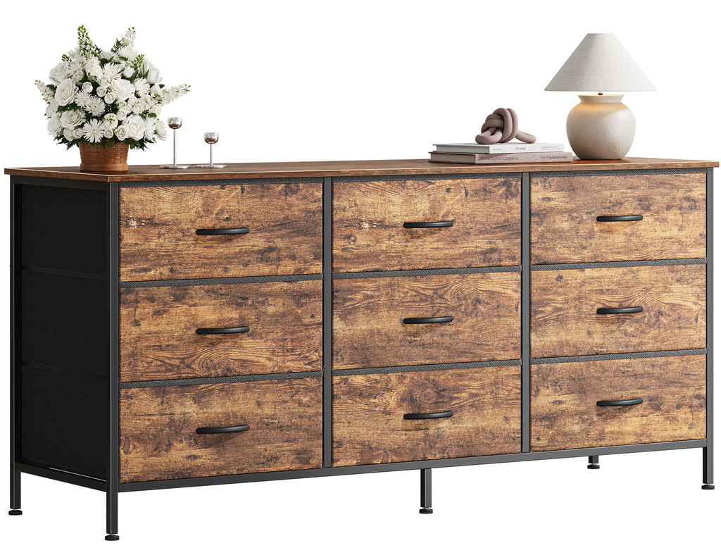9 Drawer Bedroom Dresser with Storage, 47 Inch TV Stand for 50, 55 Inch TV, Fabric Chest for Closet, Red