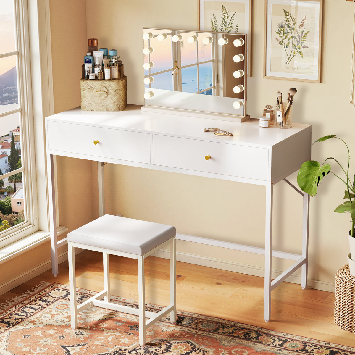 Amadwell 35.4 Inches White and Gold Desk with 2 Drawers, Vanity Desk with Padded Stool, Bedroom, White