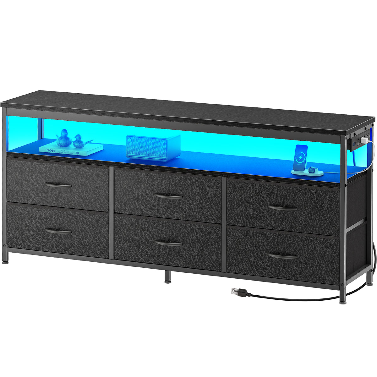 Amadwell 54 Inch LED TV Stand Dresser for 65 Inch TVs, 6 Drawer Entertainment Center with Power Outlets, Media Console with Storage, Black