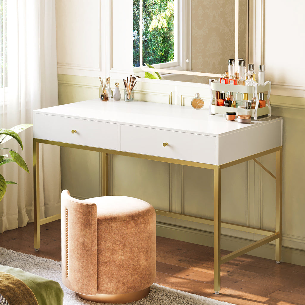 Amadwell 39 Inch White Vanity Desk with 2 Drawers, Small Makeup Vanity Computer Desk for Bedroom, Gold