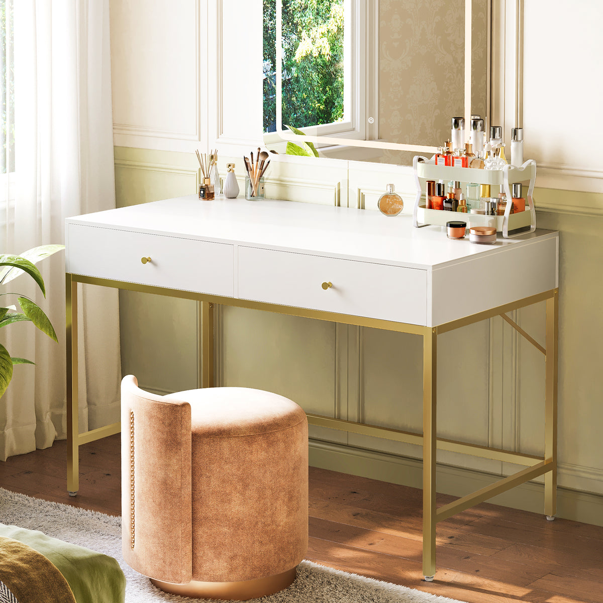 Amadwell 39 Inch White Vanity Desk with 2 Drawers, Small Makeup Vanity Computer Desk for Bedroom, Gold
