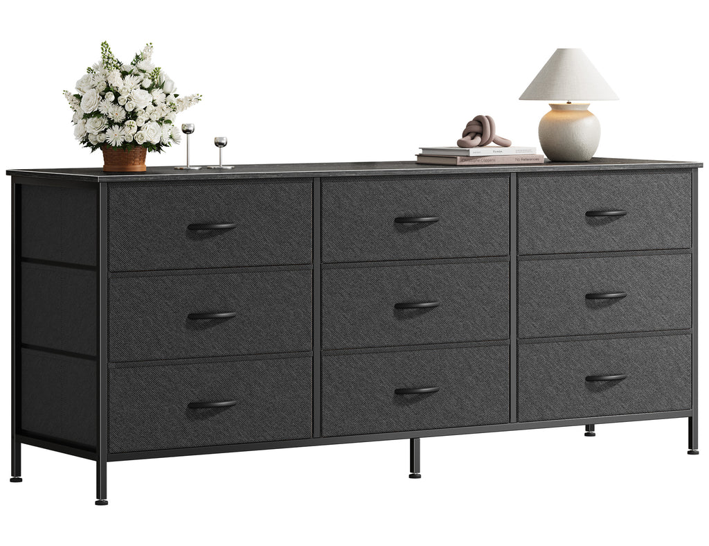 9 Drawer Bedroom Dresser with Storage, 55 Inch TV Stand for 55, 60 Inch TV, Fabric Chest for Closet, Black