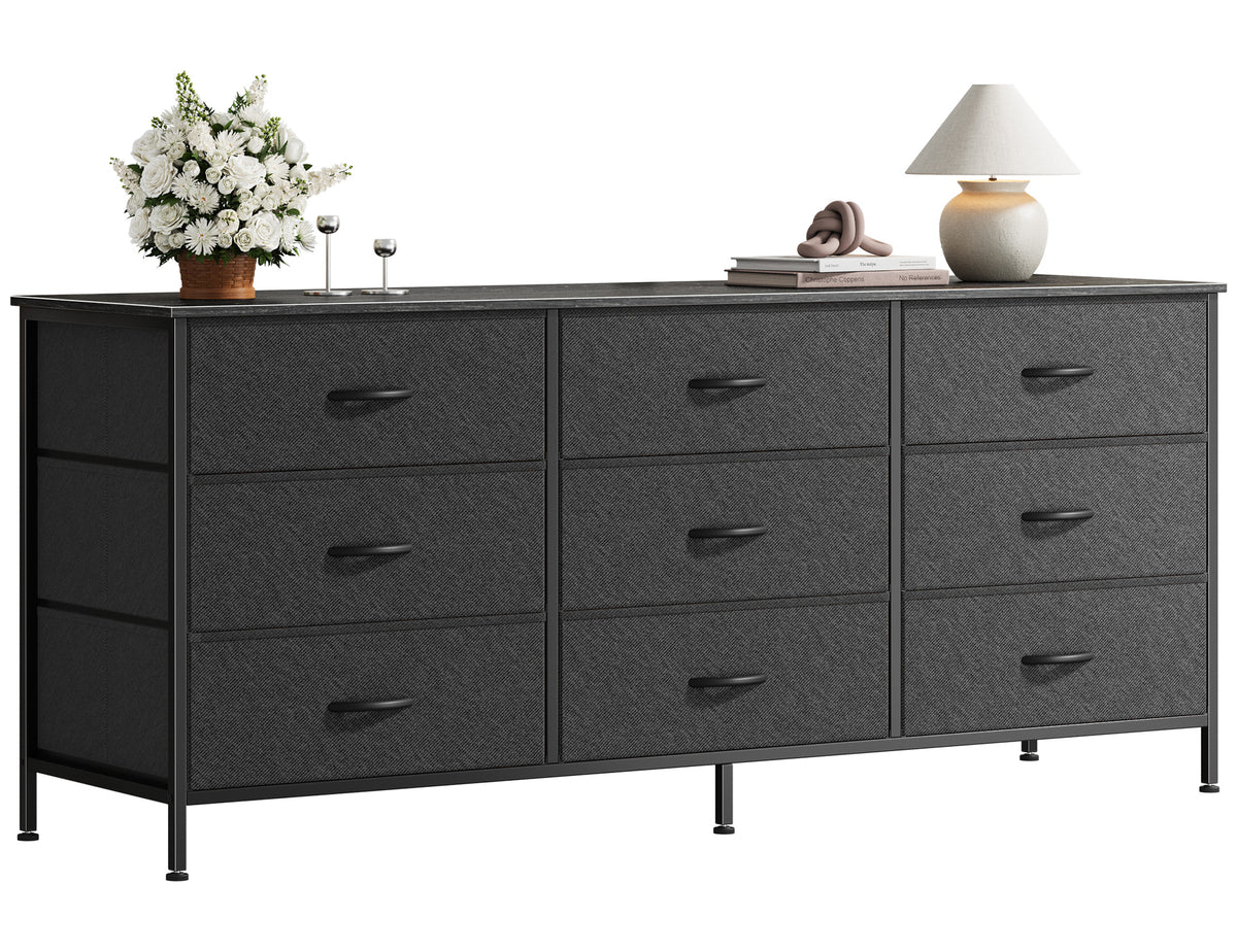 9 Drawer Bedroom Dresser with Storage, 55 Inch TV Stand for 55, 60 Inch TV, Fabric Chest for Closet, Black