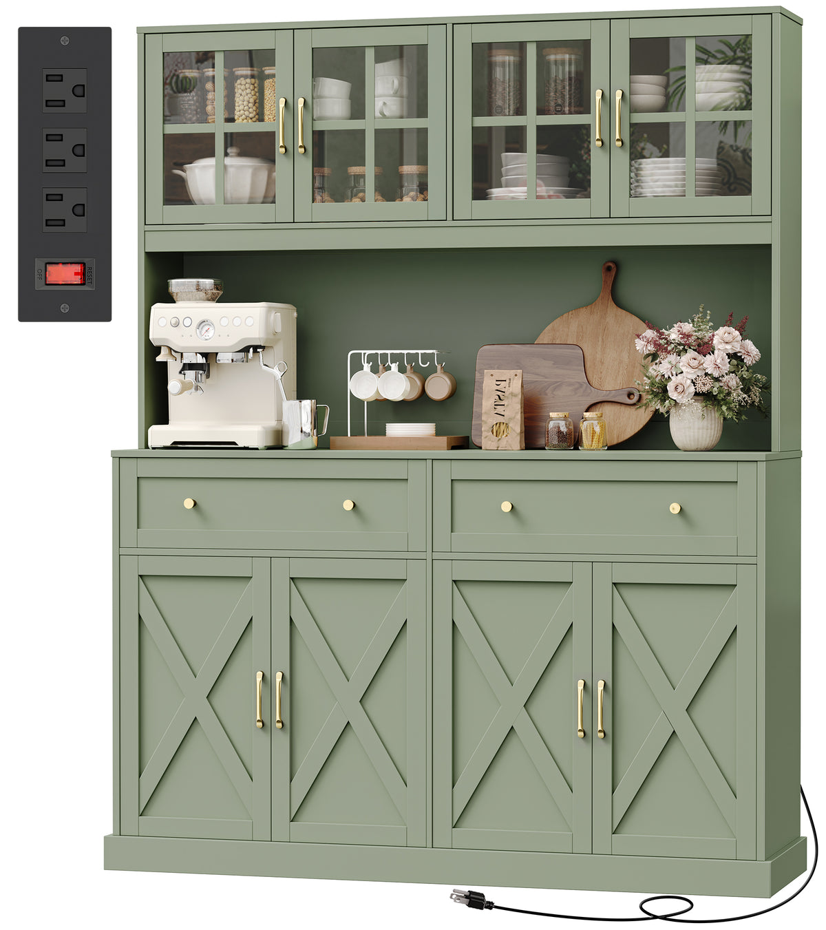 Amadwell 71 Inch Pantry Cabinet with 2 Drawers, 55.1''W Kitchen Pantry with Charging Station, Farmhouse Hutch Cabinet, Coffee Bar with Storage for Dining Room, Green