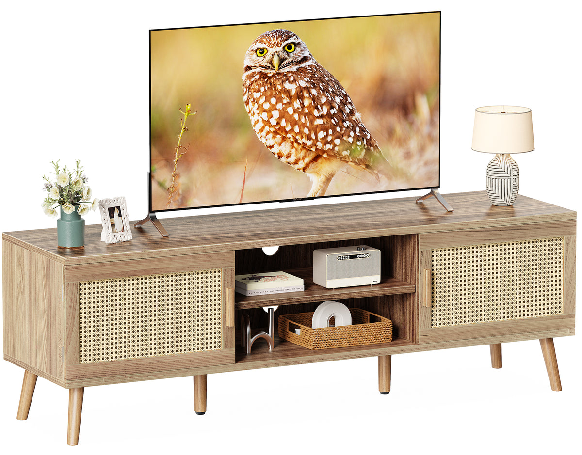 Amadwell Rattan TV Stand for 60" TVs, Adjustable Shelf, Natural Living Room Entertainment Center, Brown
