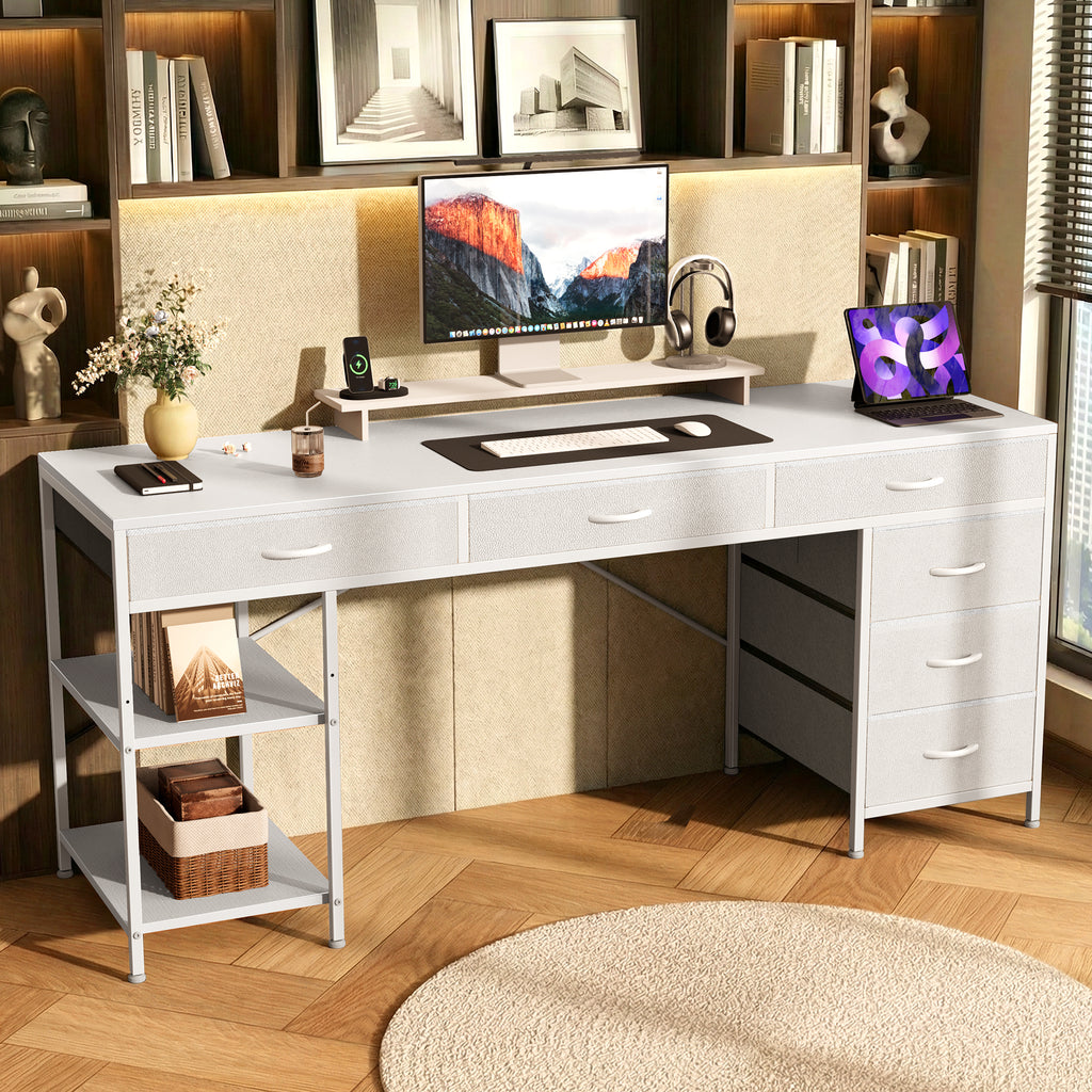 Amadwell 54" Desk with Drawers & Storage, Office Desk with Reversible Shelves, Gaming Computer Desk, White