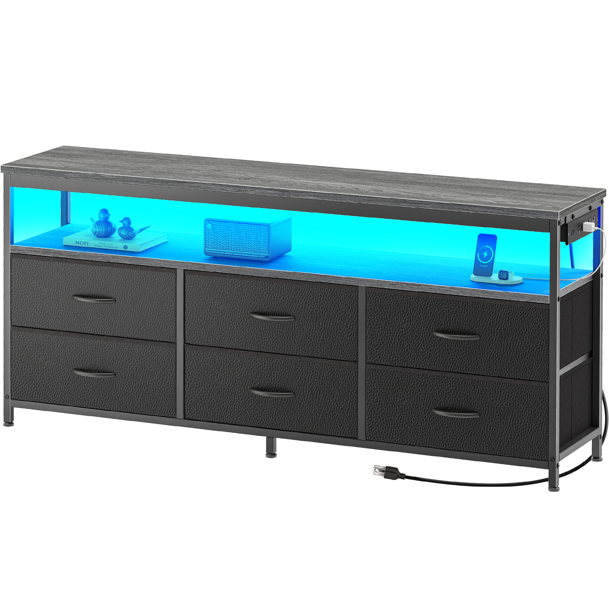 Amadwell 54 Inch LED TV Stand Dresser for 65 Inch TVs, 6 Drawer Entertainment Center with Power Outlets, Media Console with Storage, Gray