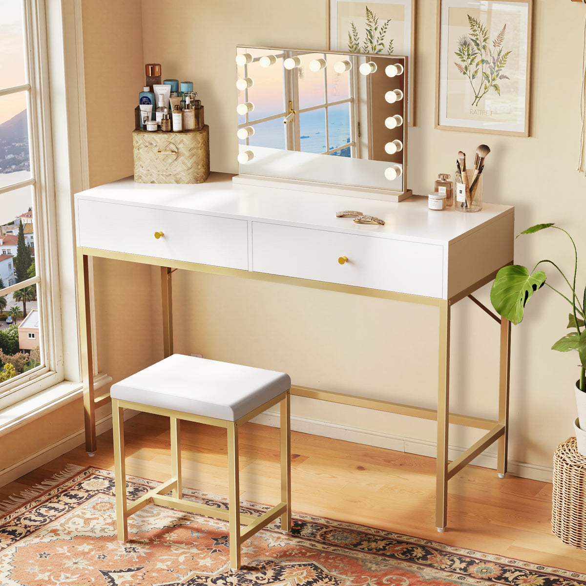 Amadwell 35.4 Inches White and Gold Desk with 2 Drawers, Vanity Desk with Padded Stool, Bedroom, Gold
