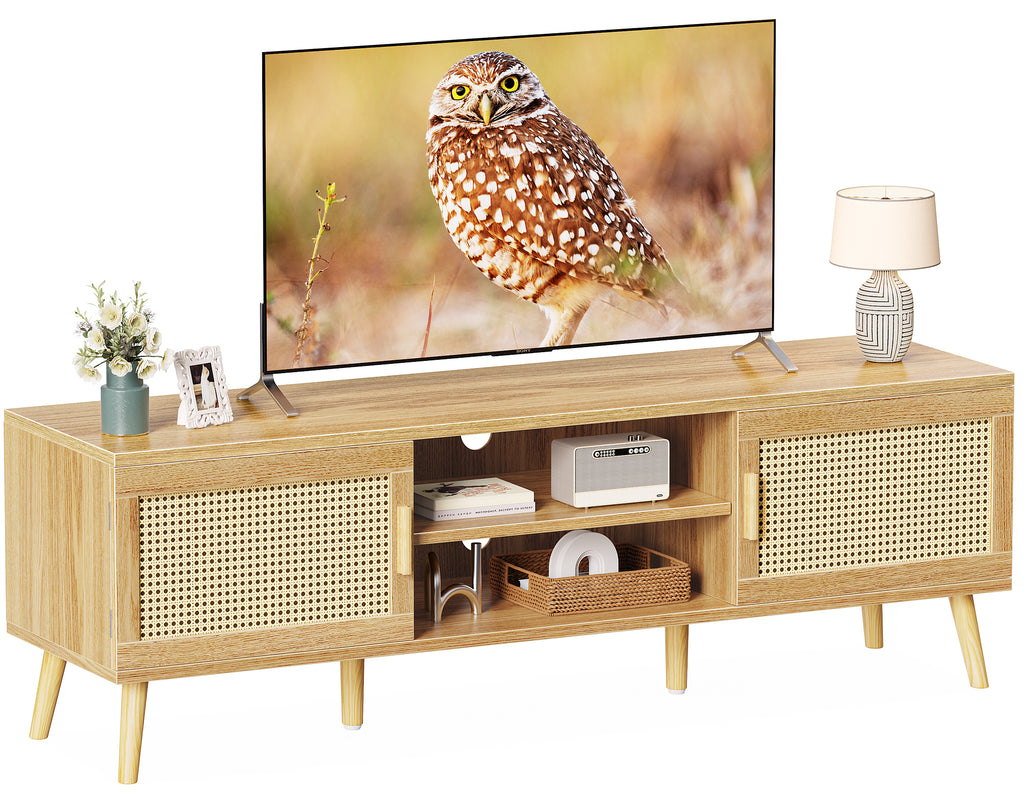 Amadwell Rattan TV Stand for 60" TVs, Adjustable Shelf, Natural Living Room Entertainment Center