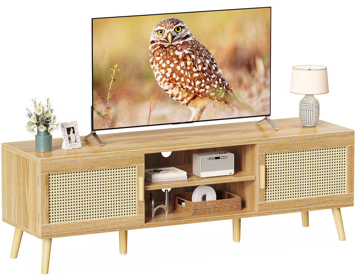 Amadwell Rattan TV Stand for 60" TVs, Adjustable Shelf, Natural Living Room Entertainment Center