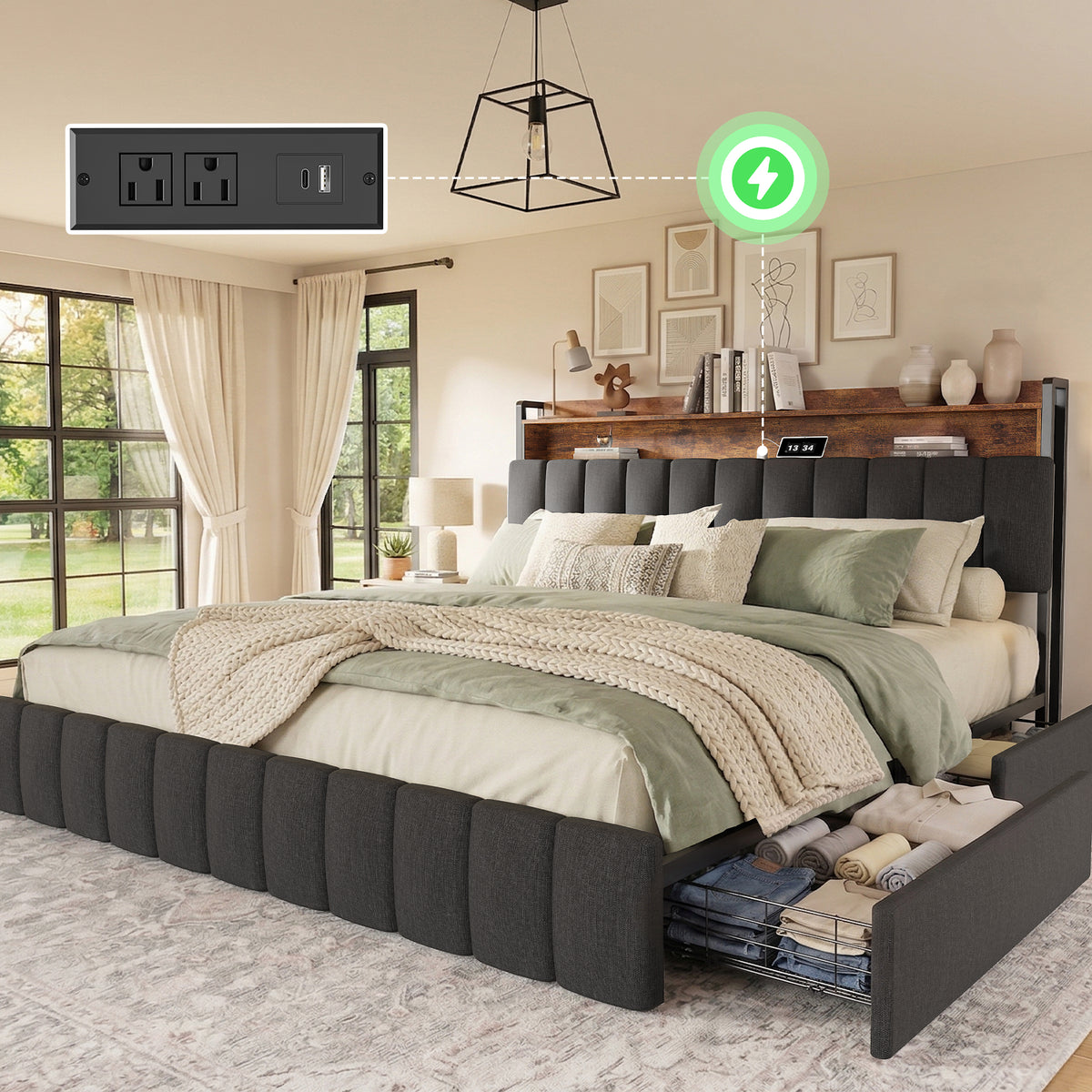 Amadwell King Size Bed Frame with Charging Station, Metal Platform Bedframe with 2-Tier Storage Headboard, 4 Storage Drawers, Noise-Free/Metal Support/No Box Spring Needed, Rustic Brown and Black