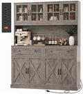 Amadwell 71 Inch Pantry Cabinet with 2 Drawers, 55.1''W Kitchen Pantry with Charging Station, Farmhouse Hutch Cabinet, Coffee Bar with Storage for Dining Room, Grey