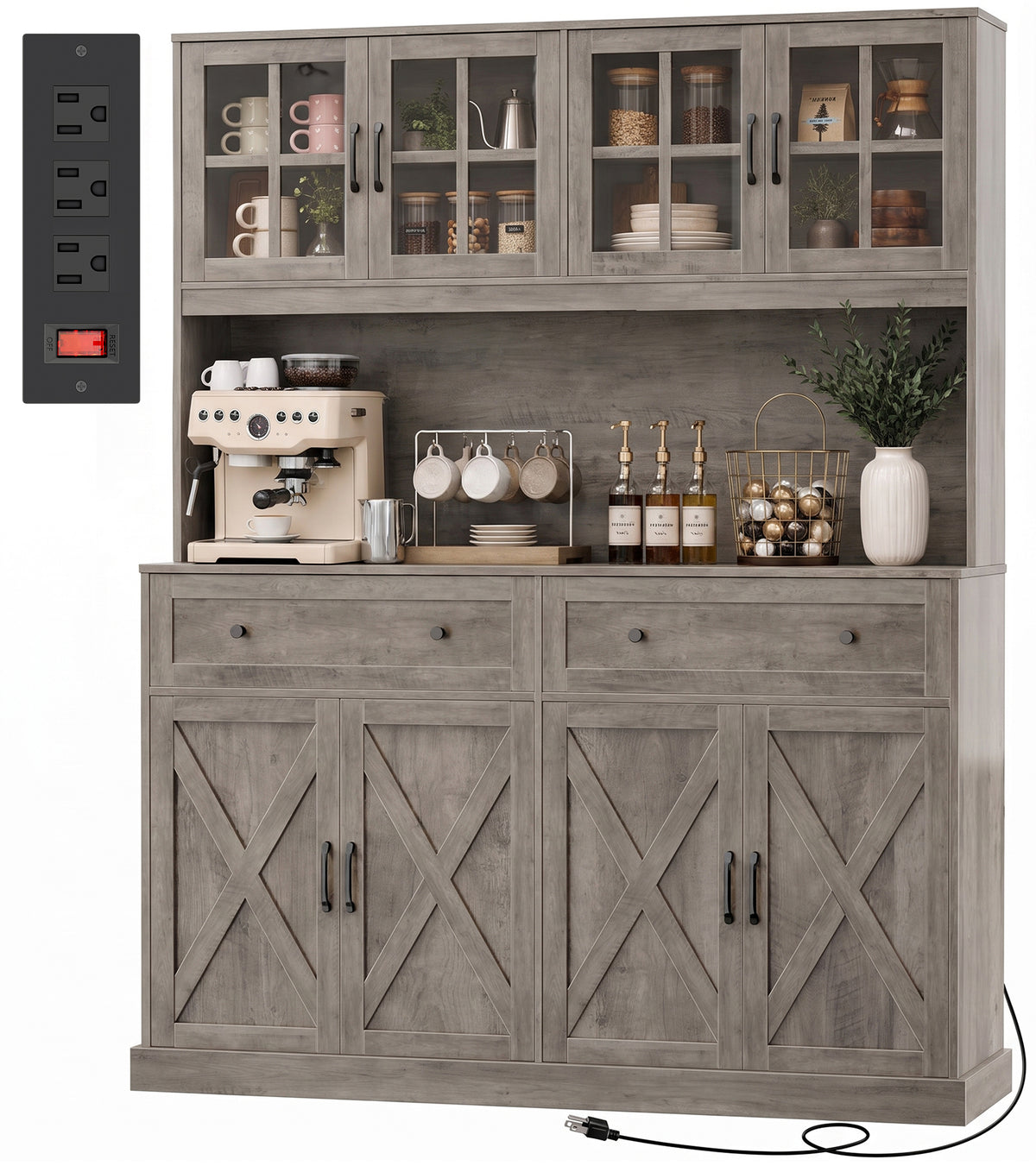 Amadwell 71 Inch Pantry Cabinet with 2 Drawers, 55.1''W Kitchen Pantry with Charging Station, Farmhouse Hutch Cabinet, Coffee Bar with Storage for Dining Room, Grey