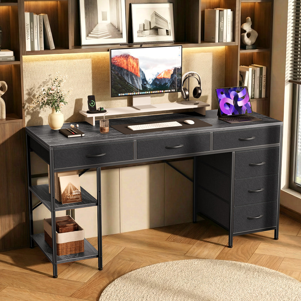 Amadwell 47" Desk with Drawers & Storage, Office Desk with Reversible Shelves, Gaming Computer Desk, Grey