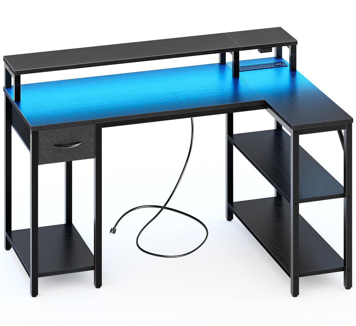 Amadwell 47 Inch L Shaped Desk with LED Strip, Corner Gaming Desk with Power Outlet, Drawer & Shelves, Black