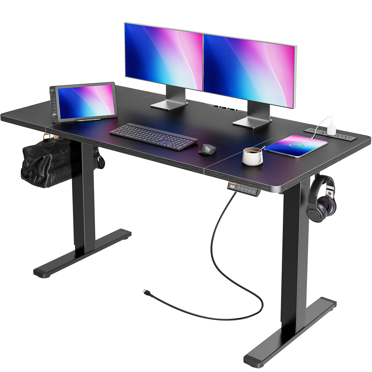 Amadwell 55" Electric Height Adjustable Standing Desk, 27.6" Deep Work Table with Power Outlets, Home Office Desk, Black