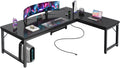 Amadwell 63 Inch Reversible L Shaped Desk with 0.95 Inch Thicker Desktop,Power Outlets Computer Desk,Corner Gaming Desk for Home Office, Metal Frame, Black