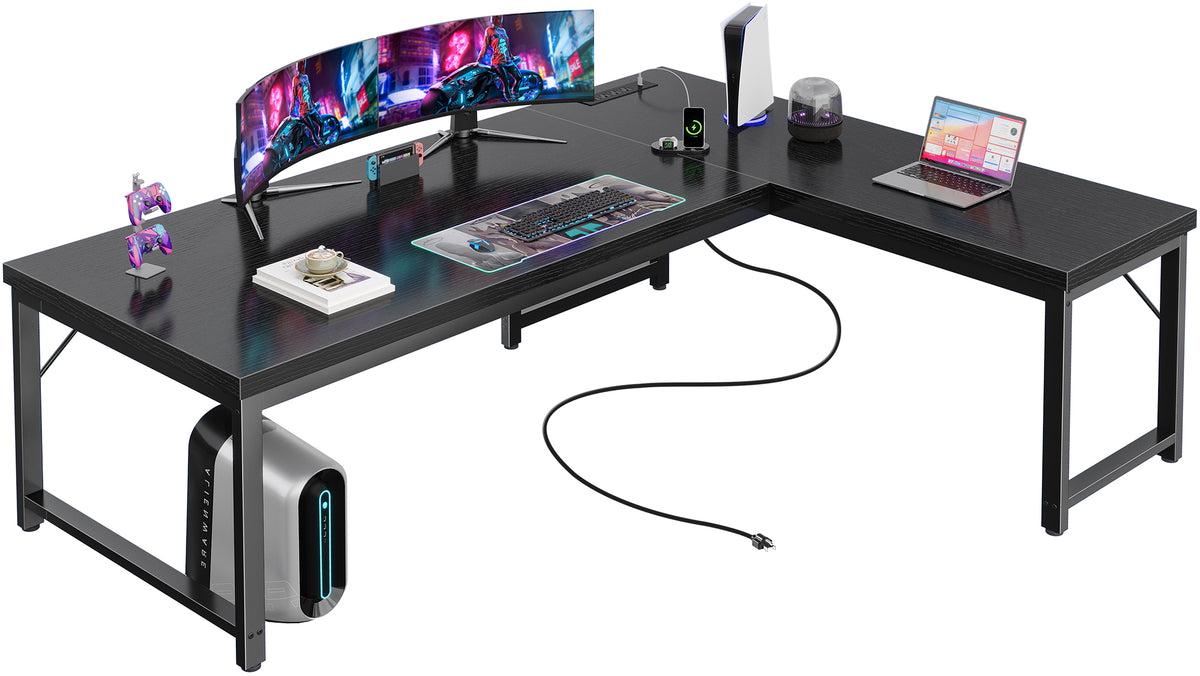 Amadwell 63 Inch Reversible L Shaped Desk with 0.95 Inch Thicker Desktop,Power Outlets Computer Desk,Corner Gaming Desk for Home Office, Metal Frame, Black