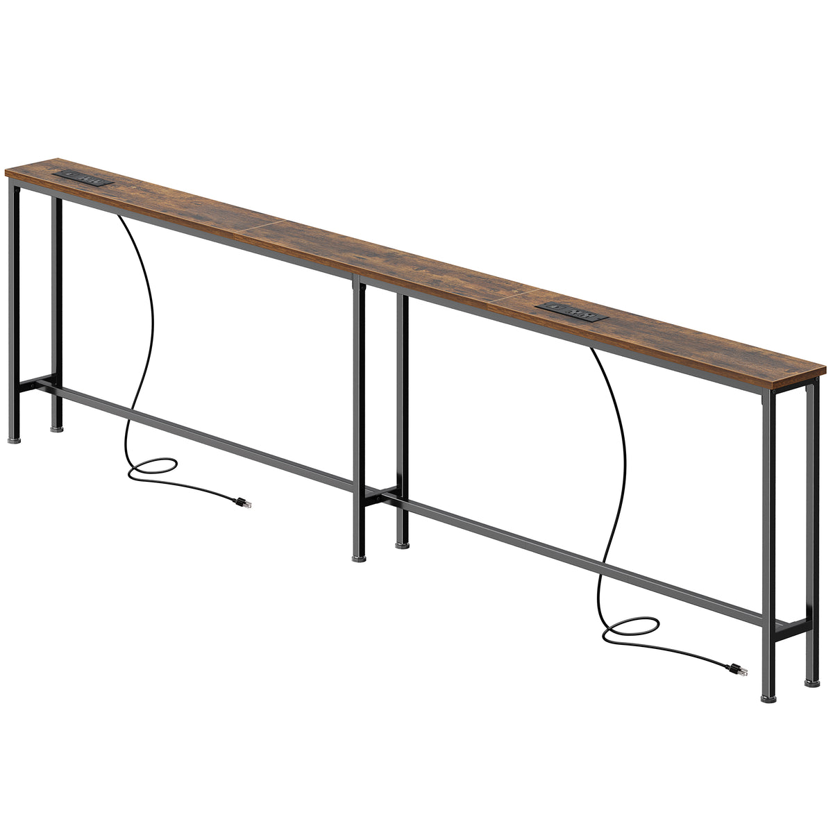 Amadwell 86.6" Console Table, 5.9 Inch Narrow Sofa Table, with Power Ports, Behind Couch Table for Living Room Entryway Hallway Bedroom, Small Spaces, Rustic Brown