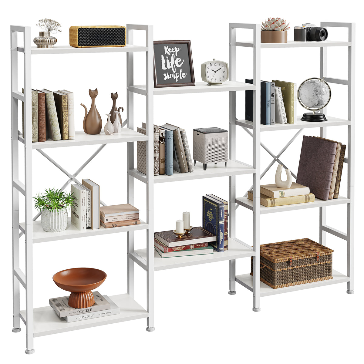 Amadwell 4 Tier Industrial Bookcase, Large Shelf Bookshelf, 11 Units Storage for Living Room, White