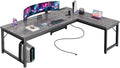 Amadwell 63 Inch Reversible L Shaped Desk with 0.95 Inch Thicker Desktop,Power Outlets Computer Desk,Corner Gaming Desk for Home Office, Metal Frame, Grey