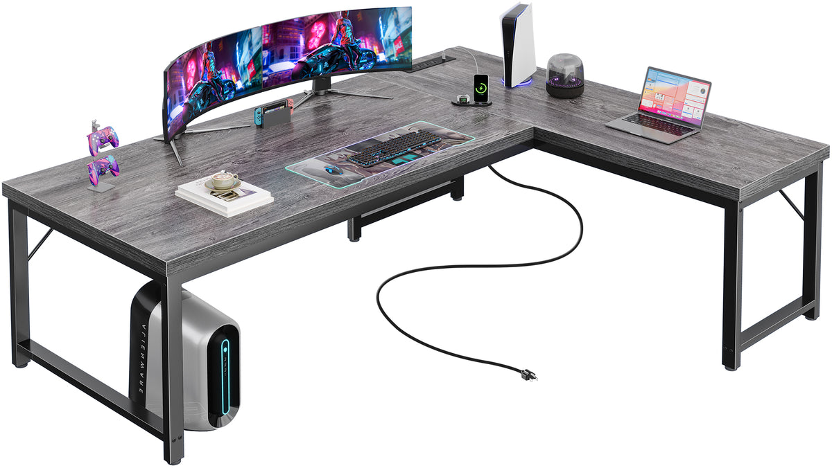 Amadwell 63 Inch Reversible L Shaped Desk with 0.95 Inch Thicker Desktop,Power Outlets Computer Desk,Corner Gaming Desk for Home Office, Metal Frame, Grey