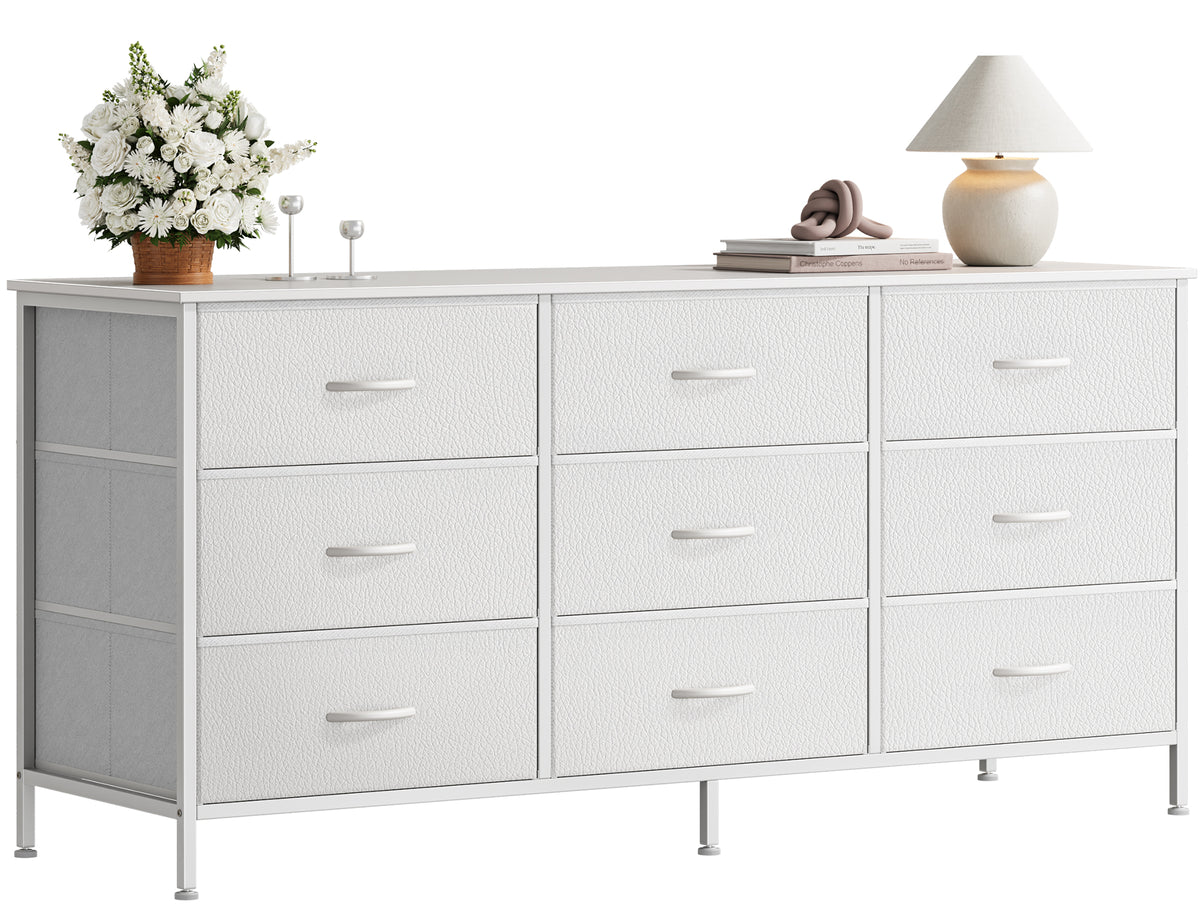 9 Drawer Bedroom Dresser with Storage, 47 Inch TV Stand for 50, 55 Inch TV, Fabric Chest for Closet, White