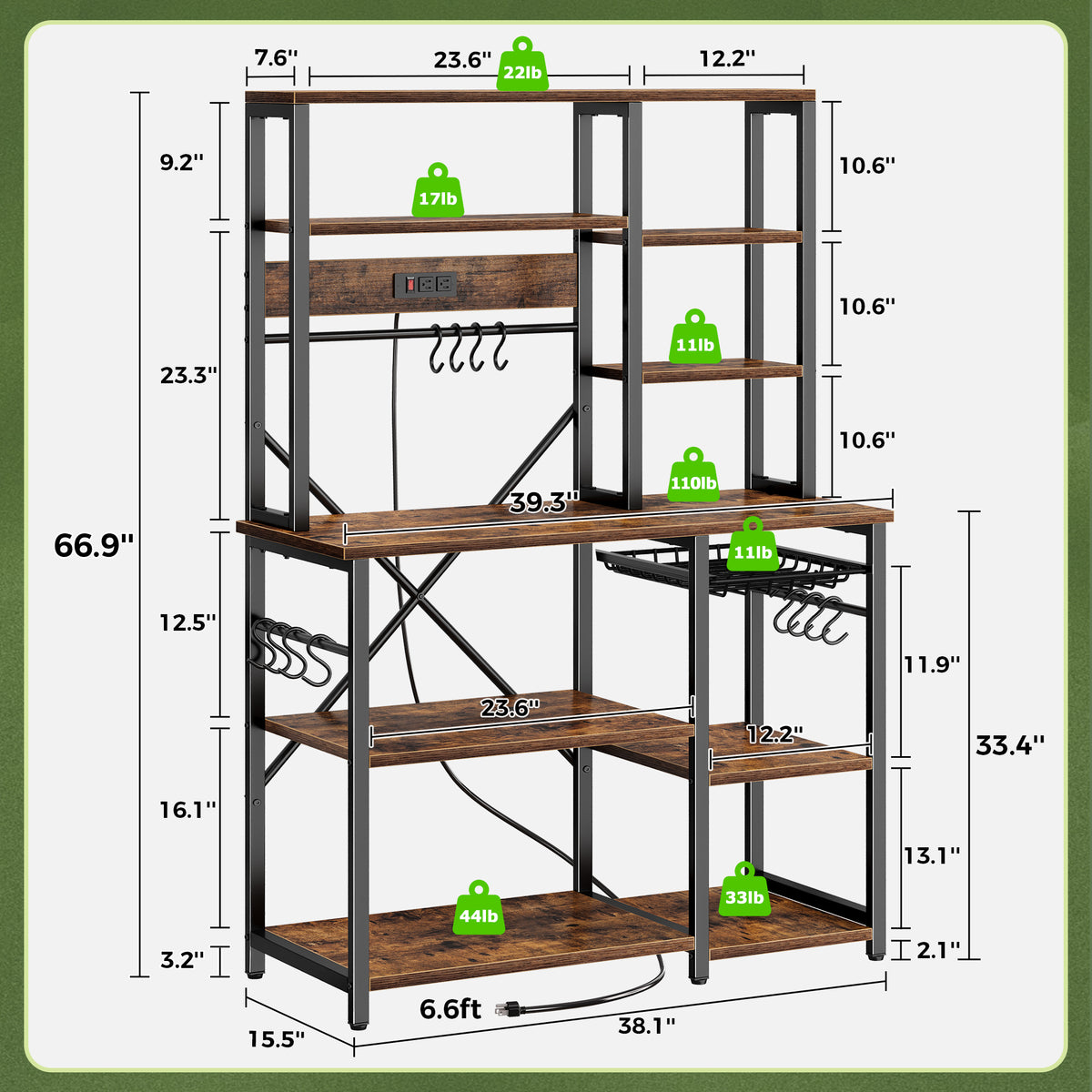 Amadwell 39.4" Large Bakers Rack, 6-Tier Microwave Stand with Power Outlets, Kitchen Shelf with Wire Basket, Brown
