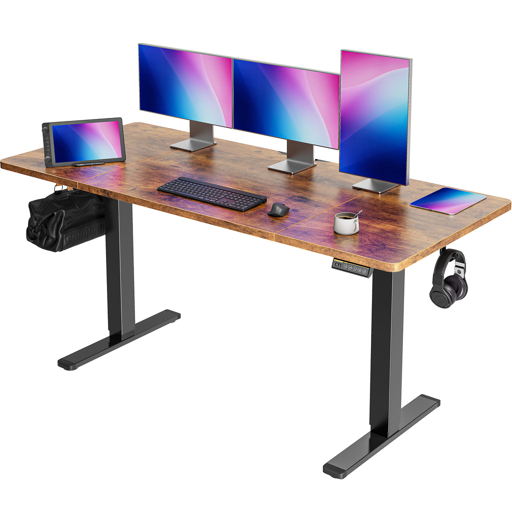 Amadwell 63" Electric Height Adjustable Standing Desk, 27.6" Deep Work Table with Cable Management, Home Office Desk, Brown