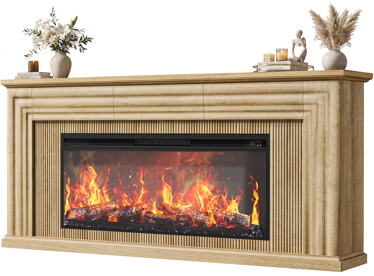 Amadwell 70'' Fireplace TV Stand for 65 75'' TV, Farmhouse TV Stand with 42'' Electric Fireplace, Entertainment Center TV Console for Living Room, 3 Storage Drawers & Fluted Design, Natural