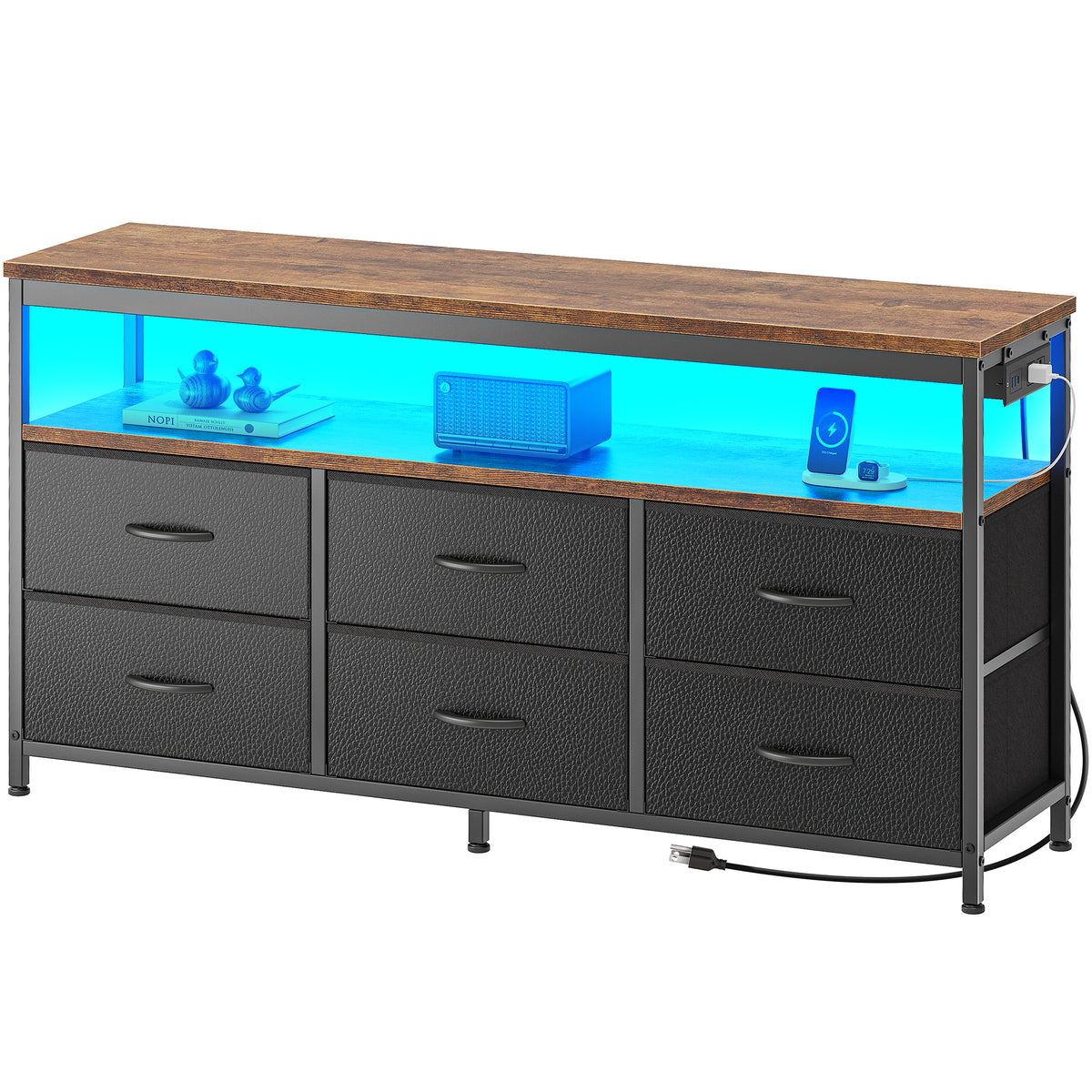 Amadwell 47 Inch LED TV Stand Dresser for 55 Inch TVs, 6 Drawer Entertainment Center with Power Outlets, Media Console with Storage, Brown