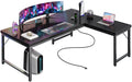Amadwell 55 Inch Reversible L Shaped Desk with 0.95 Inch Thicker Desktop,Power Outlets Computer Desk,Corner Gaming Desk for Home Office, Metal Frame, Black