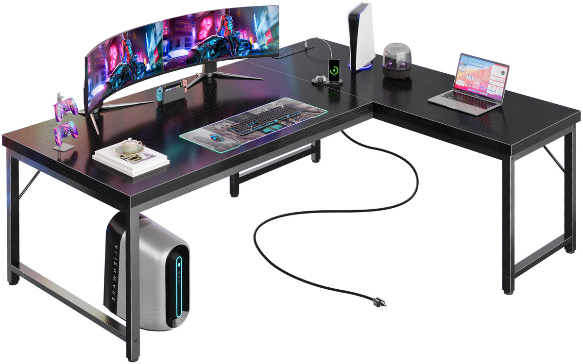 Amadwell 55 Inch Reversible L Shaped Desk with 0.95 Inch Thicker Desktop,Power Outlets Computer Desk,Corner Gaming Desk for Home Office, Metal Frame, Black