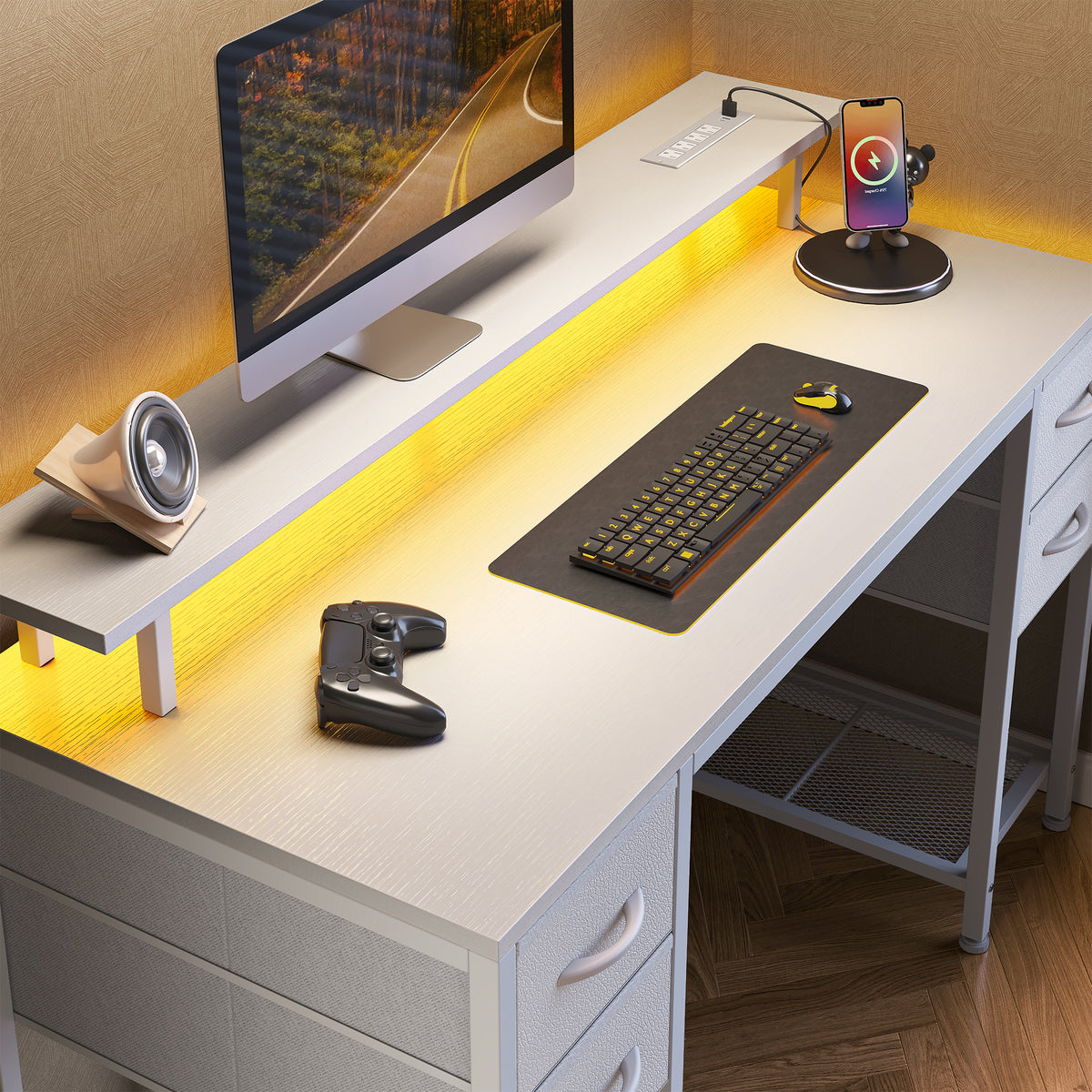 Amadwell 47" Gaming Computer Desk with LED Lights, Power Outlets, Home Office Writing Desk with 4 Drawers, White